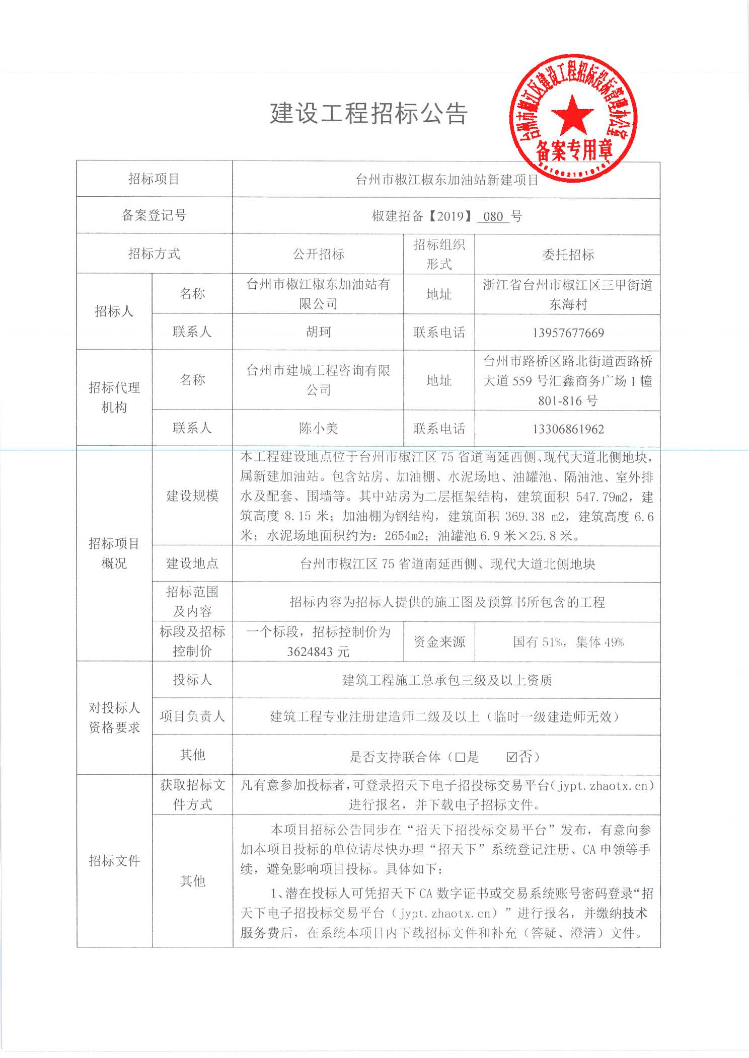 台州市椒江椒东加油站新建项目招标公告